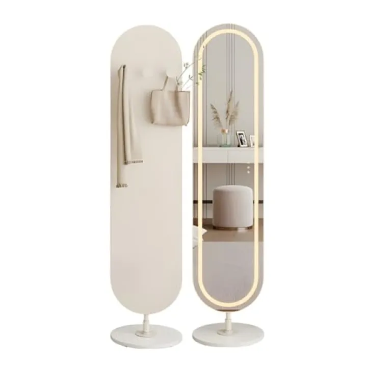 GRRICEPL 360° Rotating Full Length Mirror with LED Light, 3-in-1 Metal Floor Mirror and Coat Rack, with Wooden Round Base(White-A)