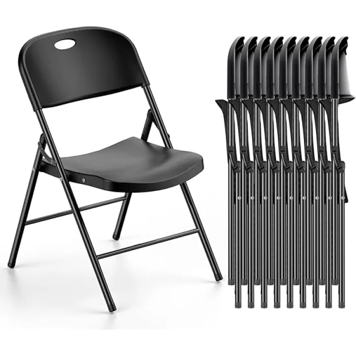 Nazhura 350 Weight Limit Heavy Duty Plastic Folding Chair with Reinfoced Steel Frame for Indoor and Outdoor, Wedding, Party, Restaurant, Meeting Room, Patio and Garden (Black, 10 Pack)