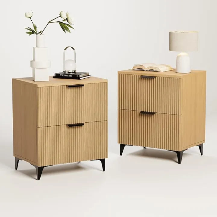 Fluted Nightstand Set of 2 with 2 Drawers, Side End Table, Small Accent Storage Cabinet,Modern Night Stand Bedside Table for Bedroom,Natural Oak