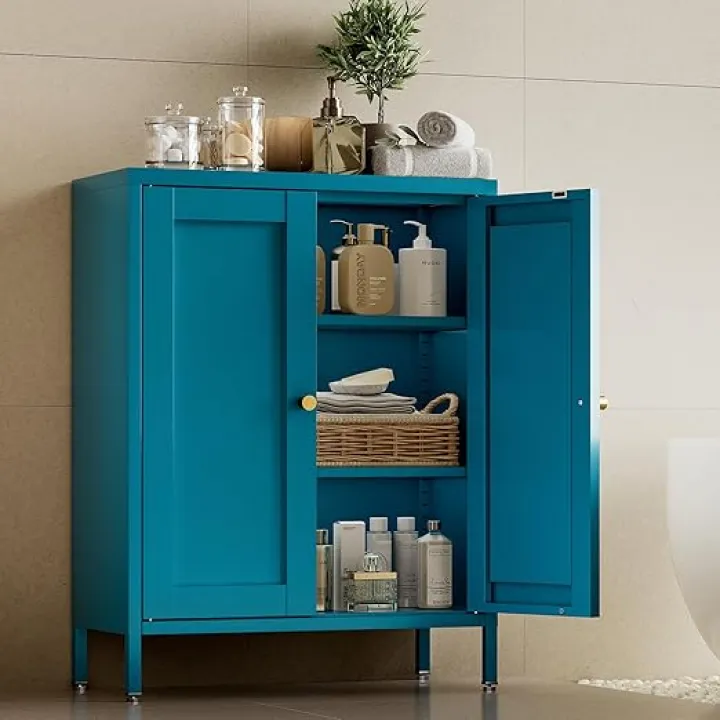 Bathroom Floor Storage Cabinet,31.5" H Metal Locker, Small Blue Cabinets with 2 Adjustable Shelves & 4 Doors,Freestanding Sideboard,Pantry Food Cabinet for Hallway,Home Office, Kitchen