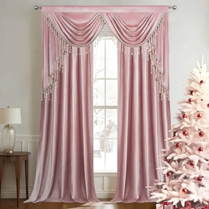 VOGOL Vintage Velvet Drapes for Living Room, Room Darkening Waterfall Valance Curtains Set for Basement, Retro Pink Solid Window Treatment for Basement, W59 & 52 x 84, Pink, Set of 2