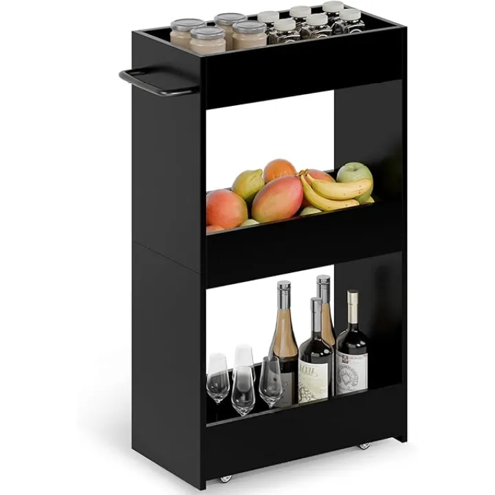 MARTY Wood Rolling Storage Cart 7.9" W, 3 Tier Slim Utility Kitchen Cart on Wheels Laundry Room Bathroom Organizers Narrow Shelves with Handle Mobile Shelving Unit for Small Places, Black
