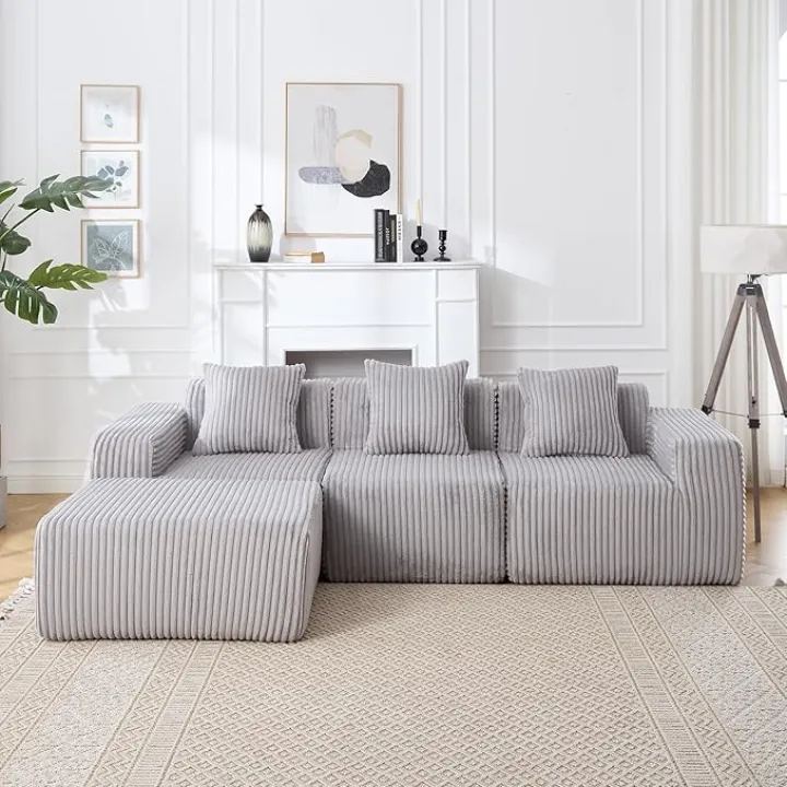 101'' Modular Sectional Sofa, Corduroy Cloud Couch with Ottomans, 3-Seater Convertible L-Shape Sofa with 3 Pillows, Sponge Compression Sofas for Living Room, No Assembly Required, Light Gray