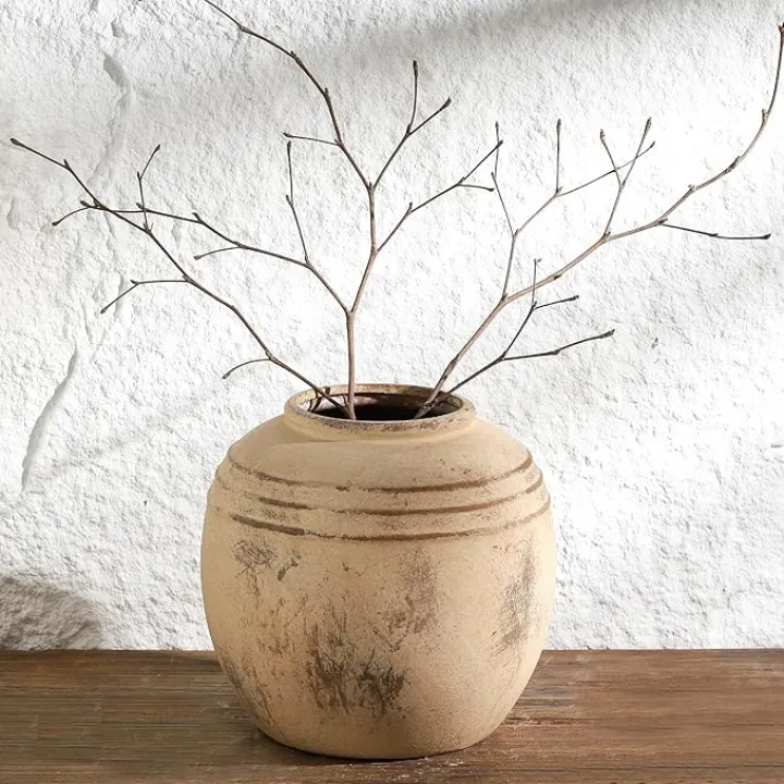 Ceramic Flower Vase, 8.66 inch Tall Round Rustic Farmhouse Decorative Vase for Home Decor, Living Room Entryway Table Centerpiece Decor