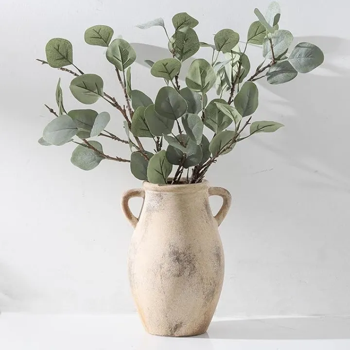 Ceramic Vase with Handles, 9.05 inch Tall Terracotta Decorative Pottery Flower Vase for Home Farmhouse Decor, Dining Table, Living Room, Kitchen, Office