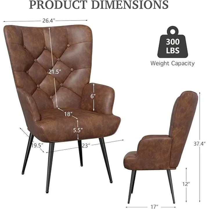 High Back Accent Chair Set of 2, Modern Mid Century Armchair with Metal Legs, Leather Wingback Reading Chair Sofa Chair for Bedroom, Living Room, Office, Makeup, Brown