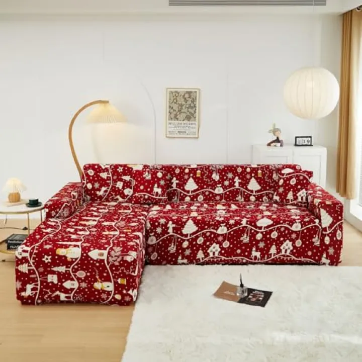 YOCOVER Christmas Couch Cover for L-Shape Sectional Sofa Cover, 2/3/4 Seater Christmas Sofa Slipcover Washable Furniture Protector Holiday Decor (C,3Seat/73~90'')