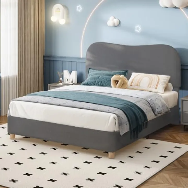 LUXOAK Full Size Boucle Upholstered Platform Bed, Modern Bed Frame with Adjustable Curved Headboard and Solid Wood Legs, Easy Assembly, No Box Spring Needed, Light Grey