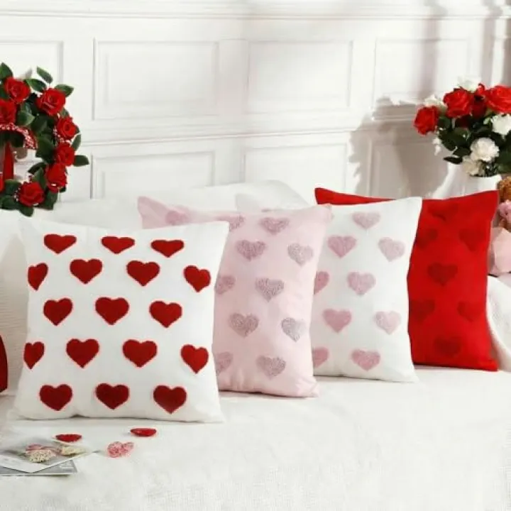 Colingmill 4 Pcs Valentines Heart Pillow Covers 18'' x 18'' Love Heart Pillow Cushion Case Valentine Decorative Cases Decoration for Sofa Home Decor(Mixed Color)
