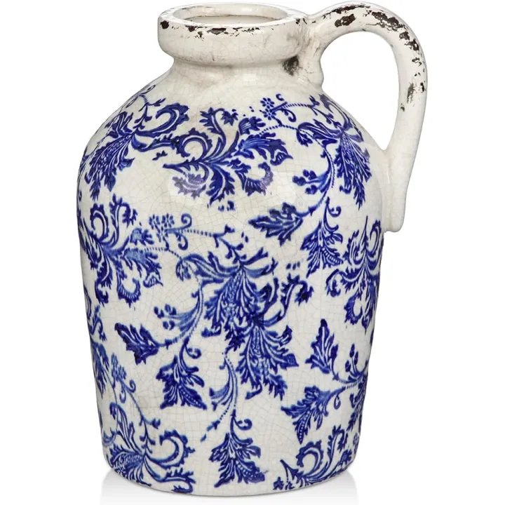 Ceramic Rustic Farmhouse Vase, 9 inch Ceramic Blue and White Vase for Centerpieces Pampas Grass Pottery Jug with Handle Boho Chinoiserie Decor Vintage Vases for Living Room Kitchen Dinner Table Shelf
