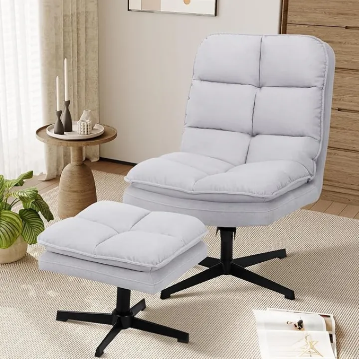 Swivel Accent Chair with Ottoman, Living Room Lounge Chair and Ottoman Set, Modern Reading Chair Criss Cross Legs, Comfy Leisure Velvet Fabric Lazy Chairs with Footrest for Home Bedroom-LightGray