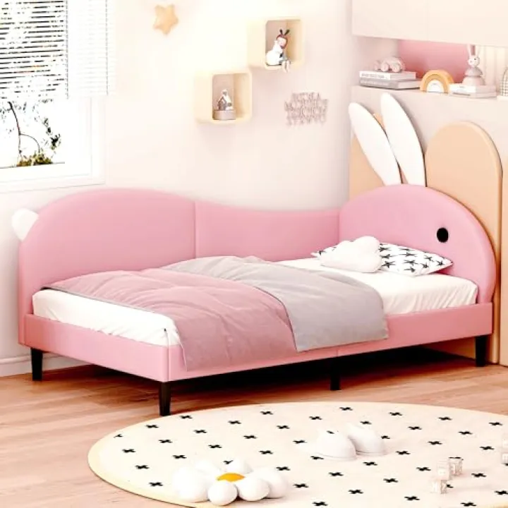 Ball & Cast Twin Size Upholstered Daybed with Rabbit Ear Headboard,PU Leather Wooden Sofabed Frame w/Slats Support,for Kids Teens Boys Girls, No Box Spring Needed,Pink