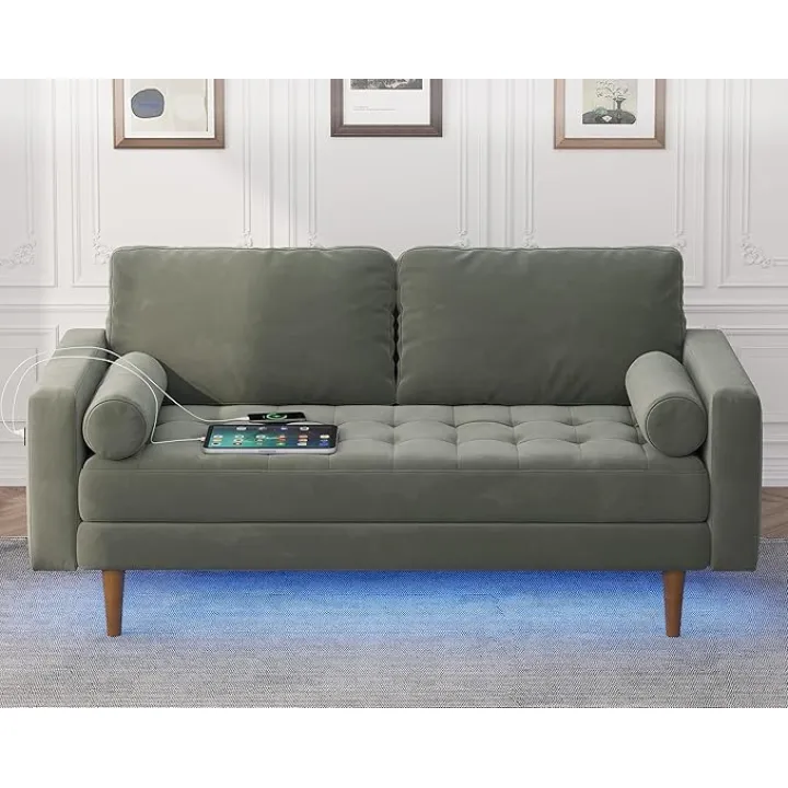 Loveseat Sofa, 67" Small Velvet Couch Love Seat Sofa with Tufted Seat, Mid Century Modern 2 Seater Couch with Smart Module-USB/Type-C/Light for Living Room,Bedroom,Office,Apartment (Dark Grey)