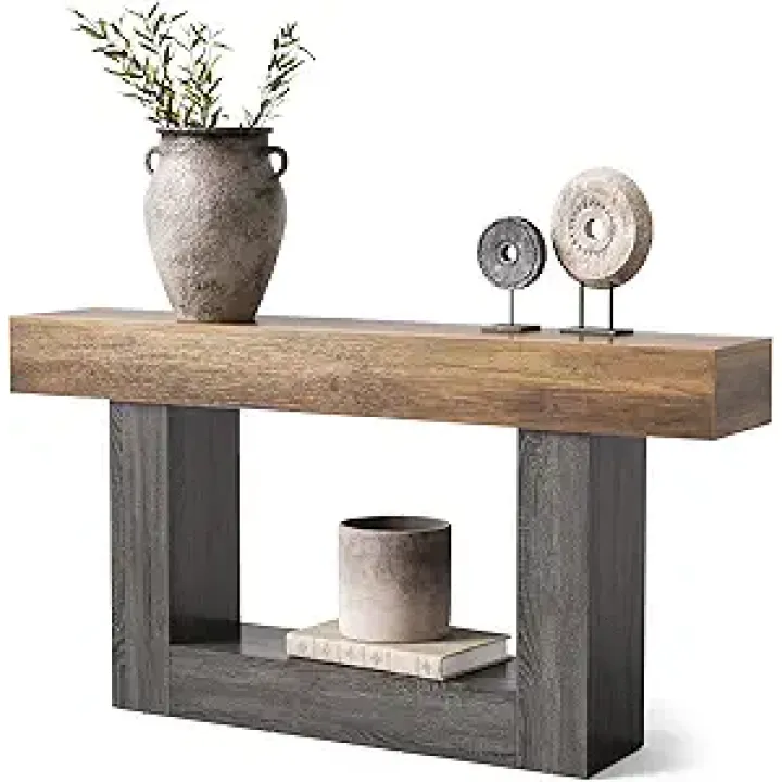 LITTLE TREE 63 Inches Long Console Table, 2-Tier Farmhouse Sofa Table Behind Couch, Large Narrow Entryway Table for Living Room, Wooden Hallway Foyer Table with Heavy Duty Base, Rustic Brown and Grey