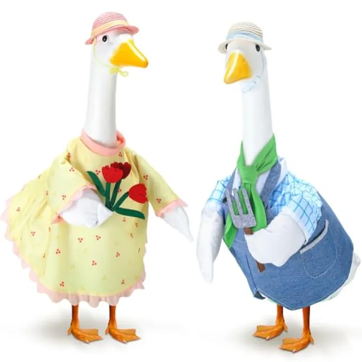 Geyoga 2 Set Spring Goose Outfit Gardener Lawn Porch Goose Clothes Easter Couple Clothing 23 High Garden Costume for Spring Easter Patio Yard Outdoor Decoration