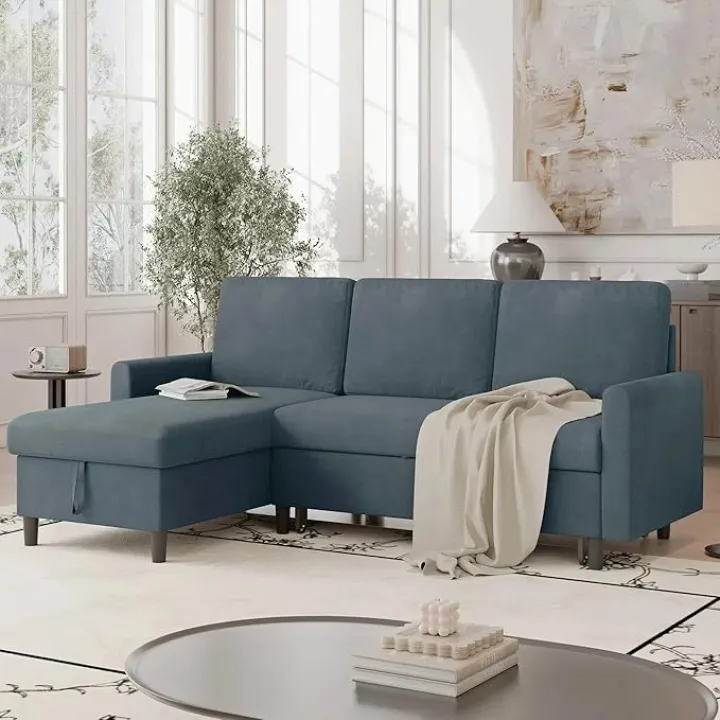 Vongrasig Pull Out Couch, 2 in 1 Pull Out Sofa Bed Sleeper Sofa with Storage, 77" L Shaped Convertible Sofa with Storage Chaise Linen Fabric for Living Room, Apartment, Dark Grey
