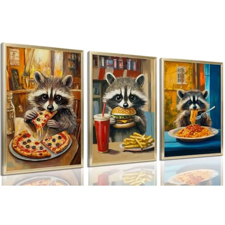Cute Raccoon Wall Art Funny Kitchen Dining Room Wall Decor Pictures Lovely Animal Eat Pizza Hamburger Spaghetti Creativity Posters Prints for Restaurant Nursery Canteen Home Decoration Unframed