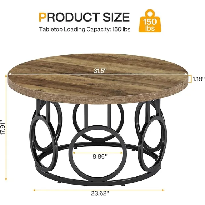 Tribesigns 31.5-Inch Round Coffee Table, Industrial Circle Living Room Table, Modern Wooden Accent Center Table for Home Office, Apartment (Wood Grain and Black)