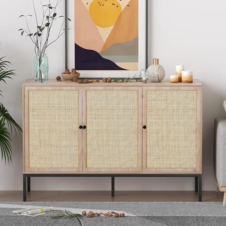 XIAO WEI Sideboard Buffet Cabinet with 3 Natural Rattan Decorated Doors, 47.24" W Accent Rattan Cabinet, Boho Credenza Storage Cabinet, for Living Room Dining Room Hallway, Metal Legs, Natural