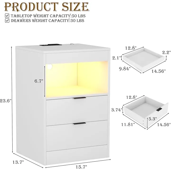 Yusong Night Stand with Gun Drawer & Invisible Lock, Bedside Table, LED Nightstand with Charging Station, Modern Night Stand, Wood Sofa Couch End Side Table with 2 Pull-Out Shelf, White