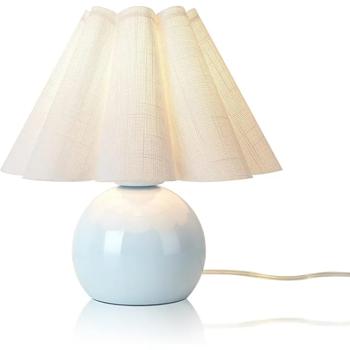 Light Blue Small Bedside Mini Table Lamp for Bedroom, Cute Bedroom Lamps for Nightstand, Cute Mini Table Lamps for Small Spaces with Scalloped Shade for Kitchen Counter, Bookshelf, Kids Dorm, Office