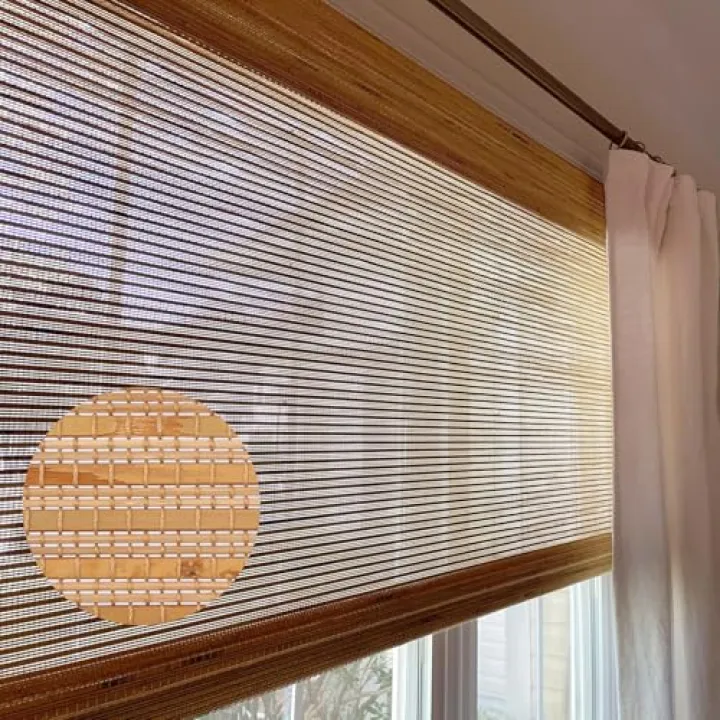 LETAU Cordless Wood Window Shades Blinds, Woven Bamboo Panel, Light Filtering Easy Installation Window Blind Treatment, Almond Brown, 31.5" W x 64" L
