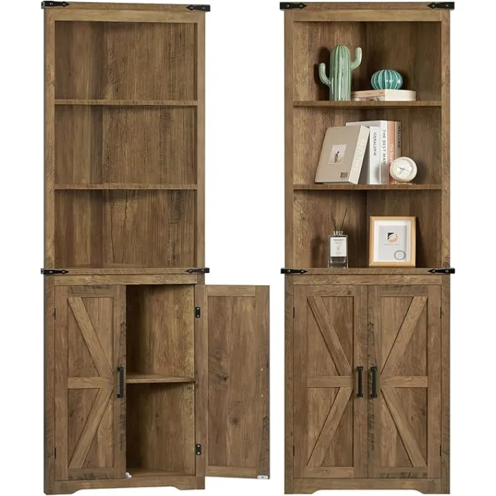 Farmhouse Corner Cabinet, 70" H Tall Corner Hutch with 5 Shelves & 2 Barn Doors, Storage Cabinet with Adjustable Shelf, for Living Room, Kitchen, Bathroom, Honey Brown