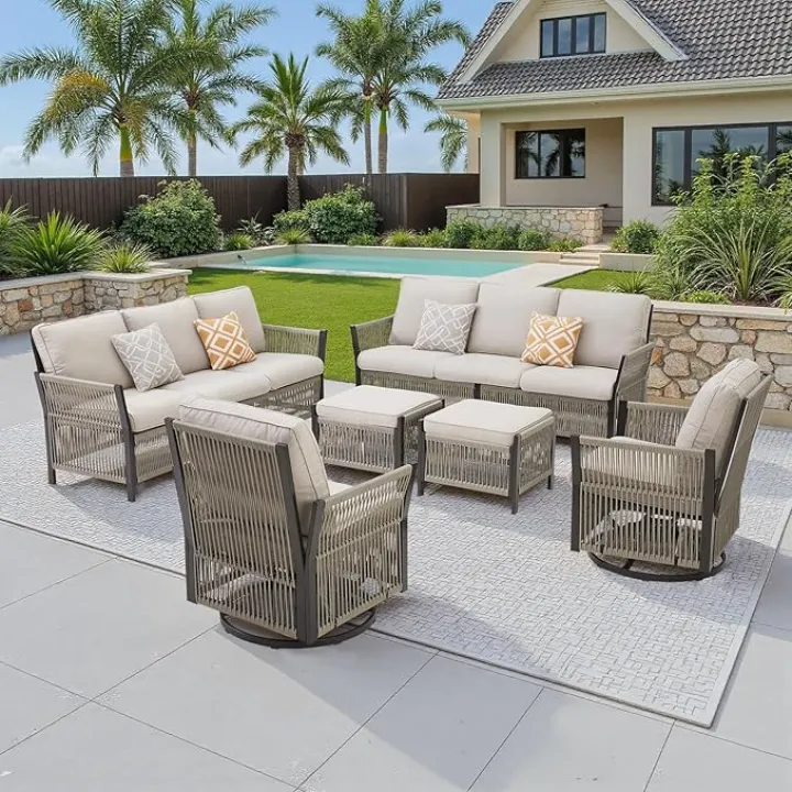 6PCS Patio Furniture, Rattan Wicker Conversation Set with Swivel Rocking Chair, All-Weather Rope Sofa Couch w/Ottoman, Modern Deep Seating, Outdoor Patio Furniture Set for Lawn Garden, Beige