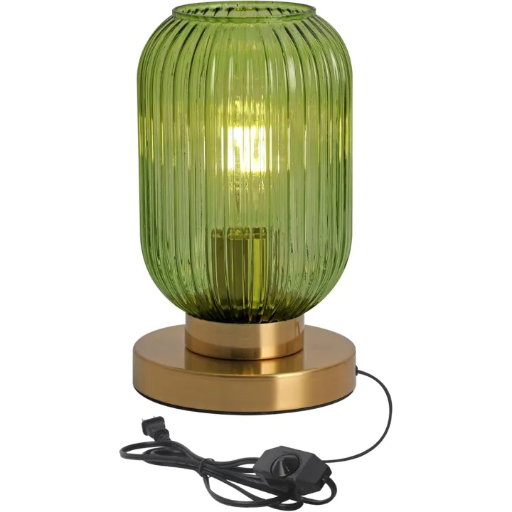 Green Table Lamp Dimmable Ribbed Glass Bedside Table Lamp Modern Globe Table Lamp Small Vintage Nightlight Lamp Mid Century Nightstand Lamp with Plug-in Style for Bedroom Living Room Office