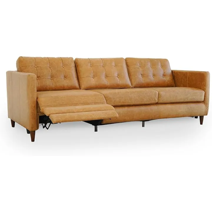 Brown Leather Reclining Couch Sofa - Mid Century Modern Button Tufted Left Facing Power Recliner Couches for Living Room, Apartment, Loft, and Office, Ludwig