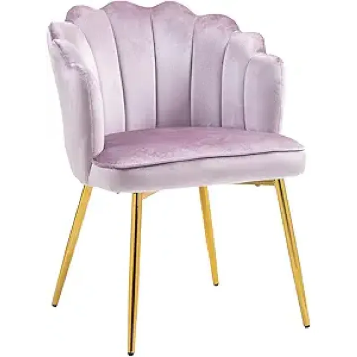 ZOBIDO Modern Velvet Chairs Comfy Upholstered Vanity Chairs for Bedroom Armchair Dining Chairs with Golden Metal Legs Petal Shape Back Desk Chair, for Women, for Girls (Bright Purple)