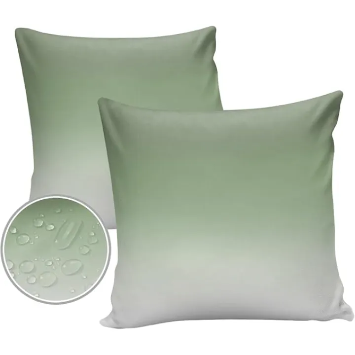 Outdoor Waterproof Throw Pillow Covers, Sage Green Gradient White Pillowcases Decorative Cushion Cover Cases for Patio Balcony Couch, Pack of 2 Square, 26"X26"