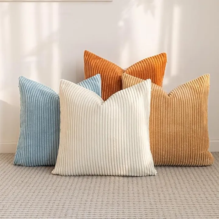 LANANAS Neutral Couch Throw Pillow Covers 18x18 Inch Set of 4 Decorative Farmhouse Boho Throw Pillows for Living Room, Couch, Bed, Sofa Soft Corduroy Accent Home Decor (Cream-Orange, 18x18 Inch)