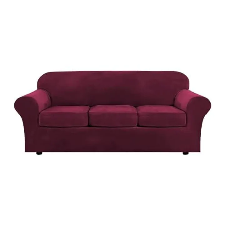 3 Piece Velvet Sofa Cover, 3 Seater Slipcover with Three Separate Cushions, Replacement Velvet Sofa Cover, Stretch Ultra Soft Plush Sofa Slipcover(Wine Red,3SEAT)