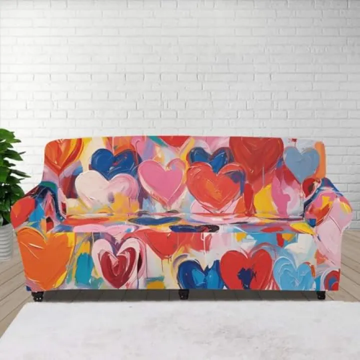 JOAIFO Valentine Sofa Cover Washable Sofa Slipcovers Valentines Day Decor Soft Furniture Covers for Pets, Non Slip Sofa Slipcovers Couch Covers with Elastic Bottom, Colorful Heart