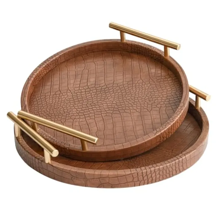 JUMBO HUMBLE Modern Decorative Serving Tray, Set of 2 Modern Crocodile Leather Round Trays with Polished Metal Handles, Decorative Trays Coffee Table Tray Ottoman Platter for Home Decor (Brown)