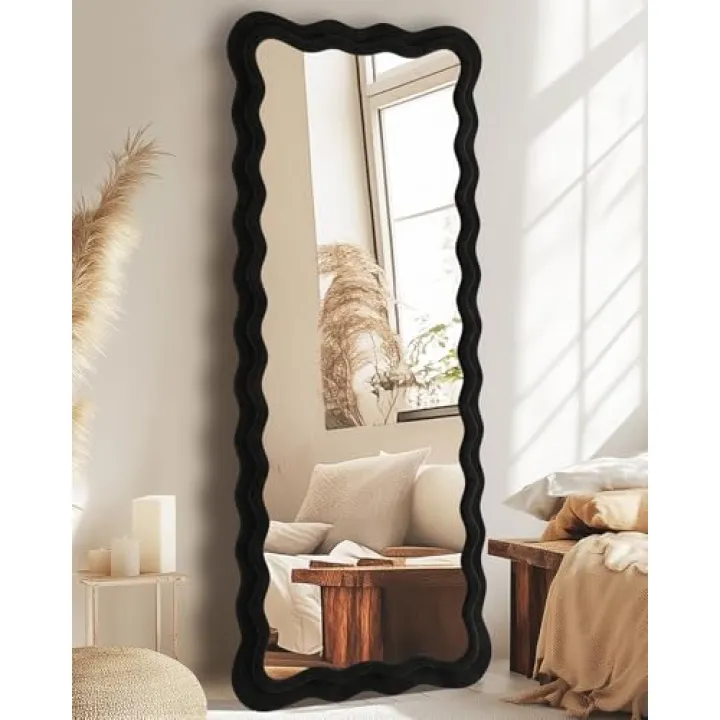 Furnbar Full Length Mirror, 71" x 28"Irregular Wavy Mirror, Large Floor Standing Mirrors Wall Mounted with Flannel Wrapped Frame for Bedroom & Living Room