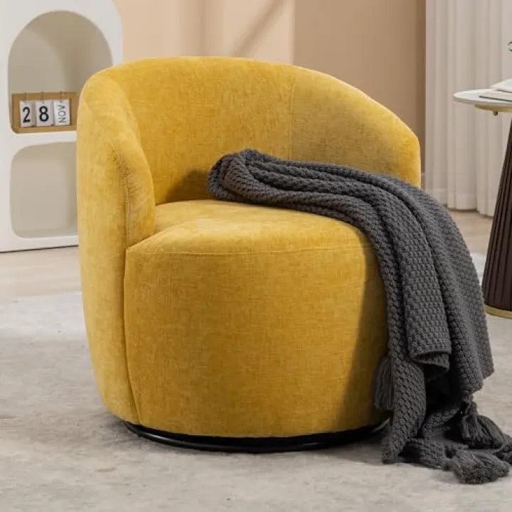 Swivel Barrel Chair 360 Degree Single Sofa Chair with Powder Coating Metal Ring Chenille Upholstered Round Swivel Accent Chair Modern Circle Armchair for Nursery Living Room Bedroom Club, Yellow