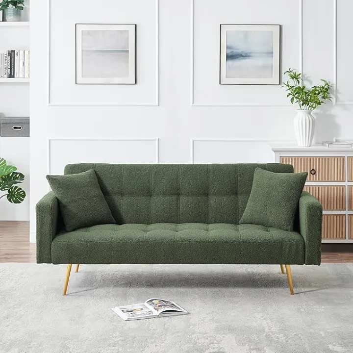Eafurn Teddy Fleece Folding Sleeper Sofa Bed Convertible Futon Loveseat Couch with 3 Adjustable Backrest, Tufted Recliner Lounge Sofabed Daybed with Golden Metal Legs for Living Room Apartment