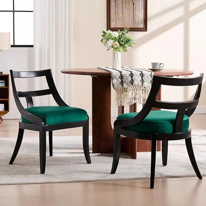 Modern Farmhouse Dining Chairs Set of 2 Mid Century Upholstered Dining Chair with Wooden Curved Back Kitchen Chairs for Dining Room Restaurant Cafe, Black-Velvet Green
