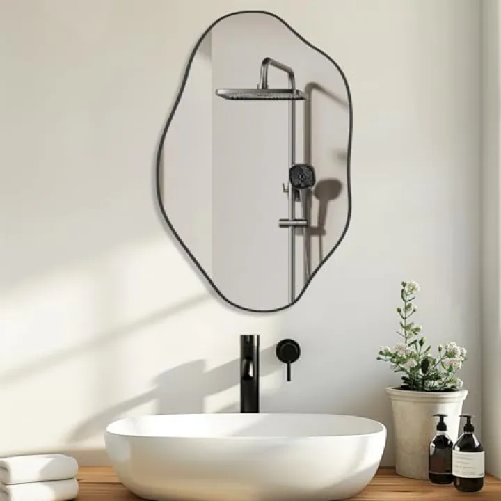 osemy Irregular Wall Mirror Cloud Asymmetrical Shaped Aluminum Alloy Framed Mirror for Living Room Bathroom Bedroom Entryway Fireplace (Black, 24"x36")