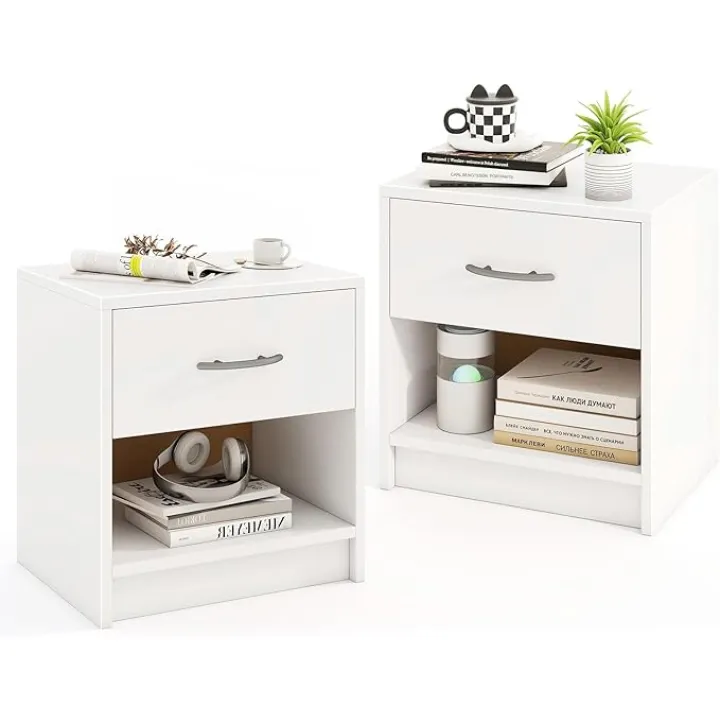 KOMFOTT Nightstand with Drawer, Modern Bed Side Table with Slide-Out Drawer, Open Storage Shelf, Bottom Non-Slip Pads, Small Accent End Table for Living Room Bedroom (2, White)