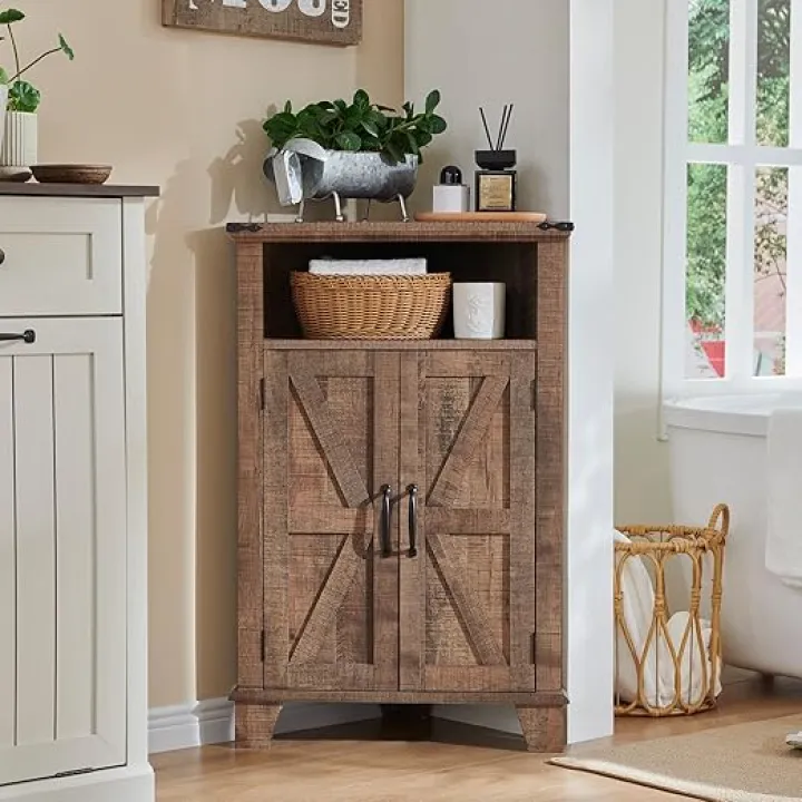 Corner Bathroom Cabinet, Farmhouse Small Cabinet with Barn Door & Adjustable Shelf, Storage Cabinets for Bathroom, Kitchen & Living Room, Brown