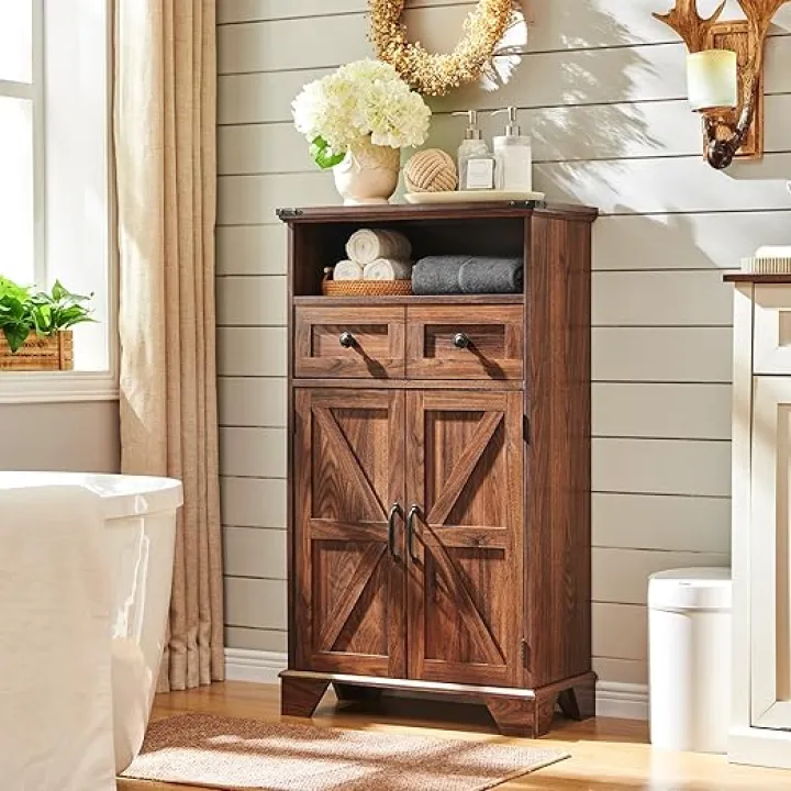 Bathroom Floor Cabinet, 24" Wide Farmhouse Floor Cabinet with Barn Doors, Adjustable Shelf & Drawer, Brown
