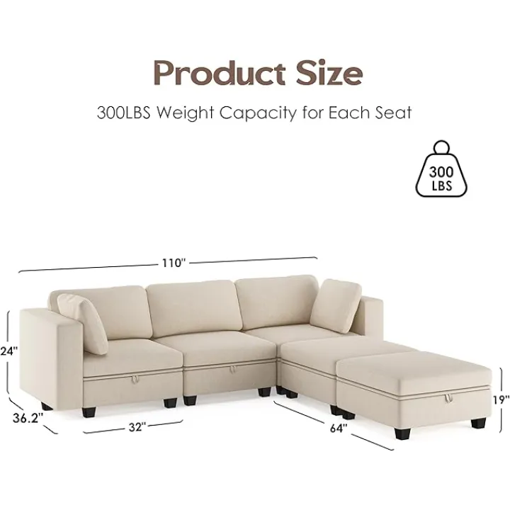 L Shaped Modular Sectional Sofa, Oversized Convertible for Living Room, With Reversible Chaise, 5 Seat Includes 5 Storage Ottomans, Beige