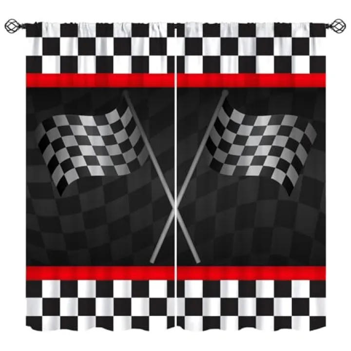 KANEPE Racing Curtains, Black White Checkered Flag Red Line Black Background Window Treatments, Rod Pocket Thermal Insulated Drapes for Bedroom Living Room, 42" W X 45" L【Decor】