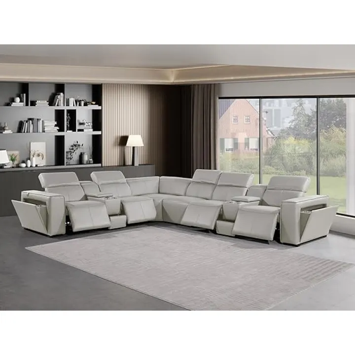 BlackJack Furniture Ernesto 8 Piece L Shaped Power Reclining Sectional Sofa, Modular Couch with Top Grain Italian Leather, 4 Electric Recliners, USB & Wireless Chargers, Storage Console, Light Grey