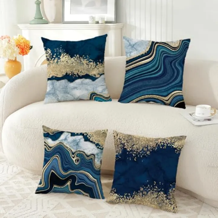 ZHLF Set of 4,Navy Blue and Gold Decorative Throw Pillow Cover Pillowcase Cozy Cushion Case Decor for Sofa Couch Bed Abstract Marble Texture Cushion Cover 18x18 Inch Home Living Room Décor