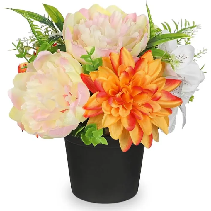 Yellow Artificial Flowers Small Fake Flowers in Vase Peonies Dahlia Tiger Lily Potted Silk Flower Arrangements Faux Plants & Flowers Home Bathroom Kitchen Table Centerpieces Desk Decor