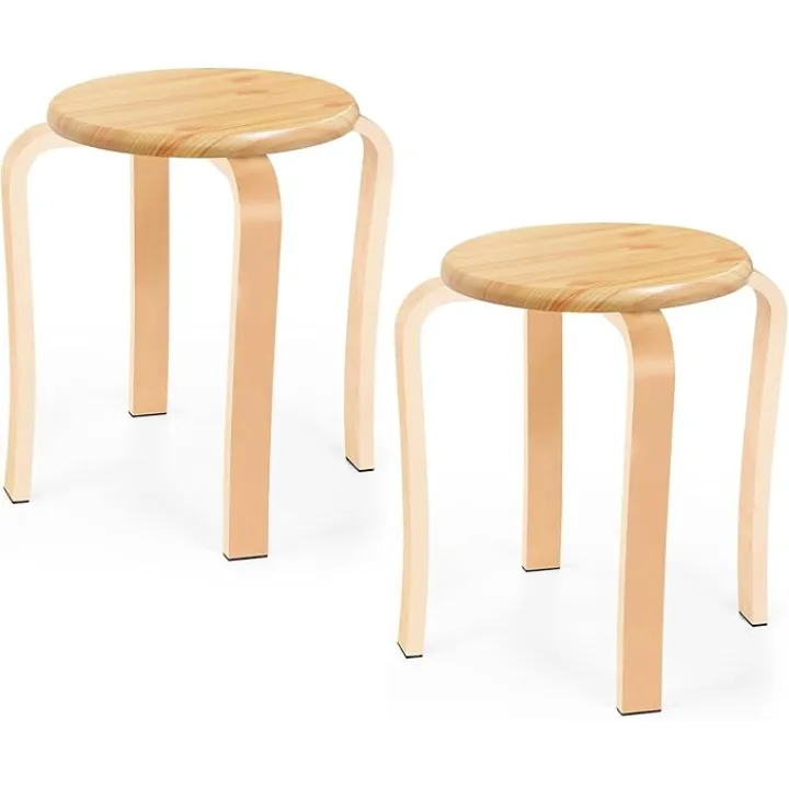 Wood Stools, Set of 2 Wooden Stackable Stool Extra Seating for Kids, Guests, Portable Round 16.5-Inch, Counter Height Stools for Living Room, Backyard, Classroom, Kitchen, Pland Stand, Apartment